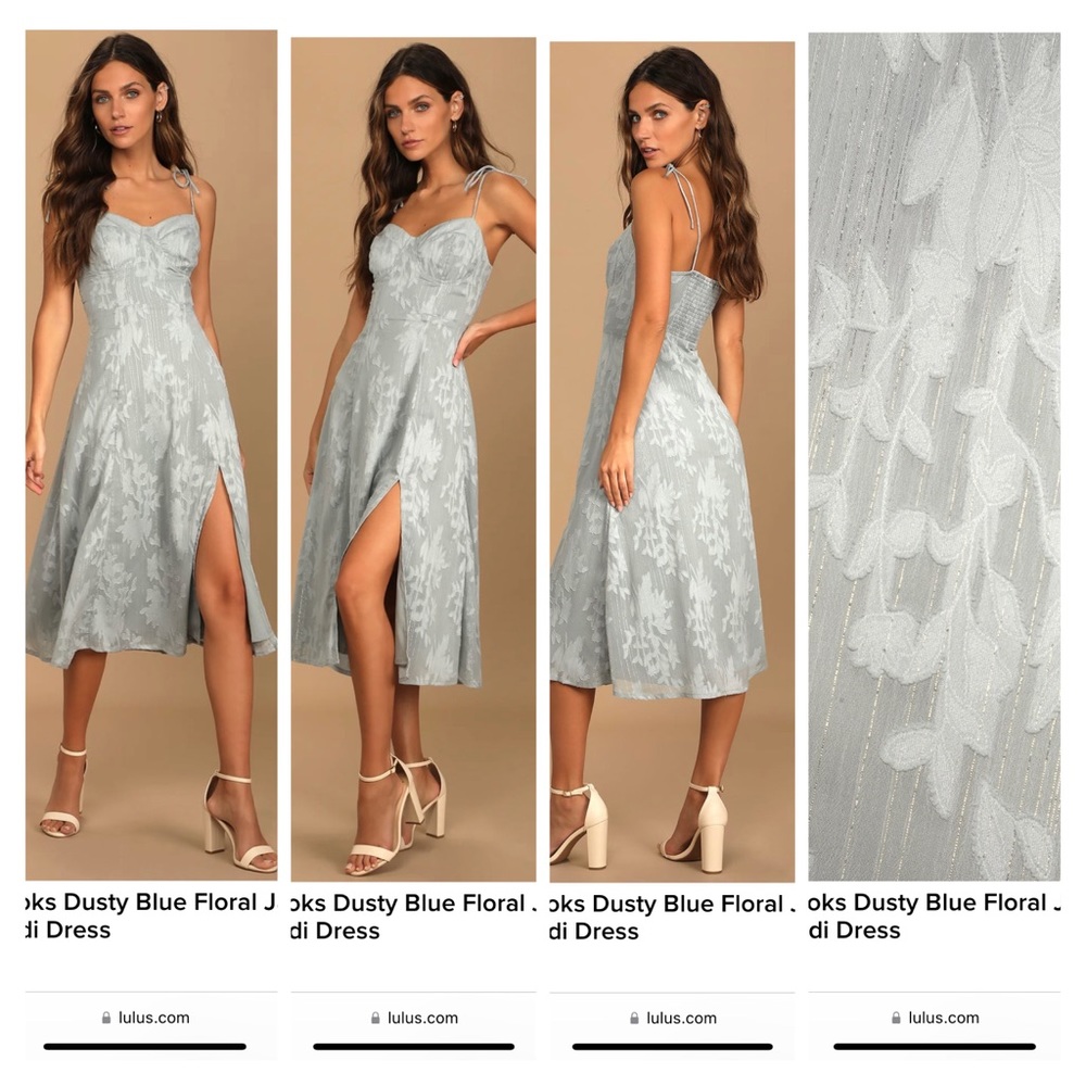 Lulu’s Loveliest Looks Dusty Blue Floral Jacquard Tie-Strap Midi Dress